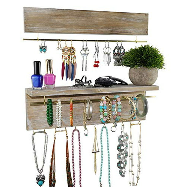 Spiretro Wall Mount Jewelry Organizer Holder with Hooks Shelf Rod hanging Earrings Necklaces Bracelets Rings Storage Accessories Rustic Reclaimed Wood